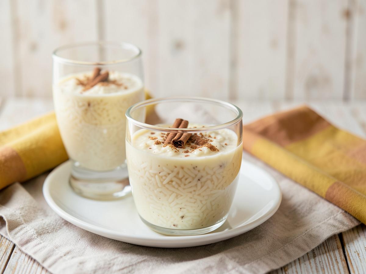 Taças de arroz doce cremoso polvilhado com canela