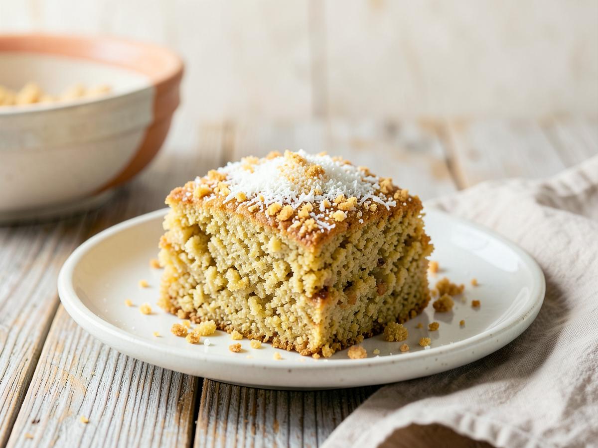 Bolo de cuscuz de coco fatiado sobre prato de louça branca