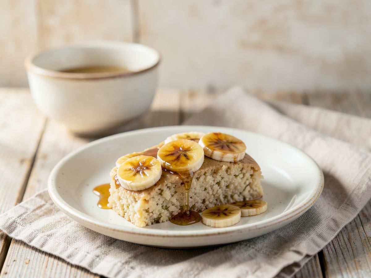 Fatia de cuscuz com rodelas de banana caramelizada e fio de mel