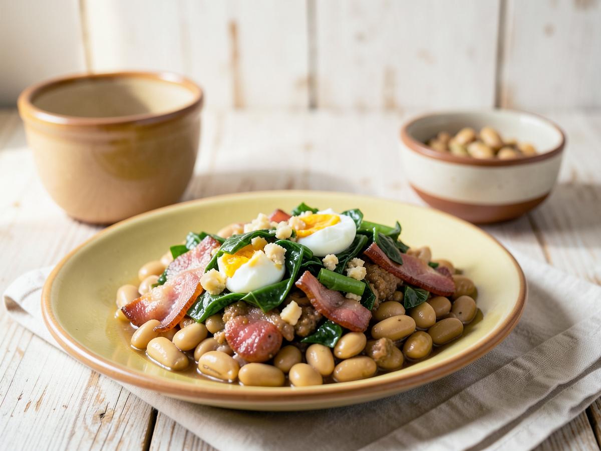 Travessa de feijão tropeiro com linguiça, bacon, ovo e couve refogada