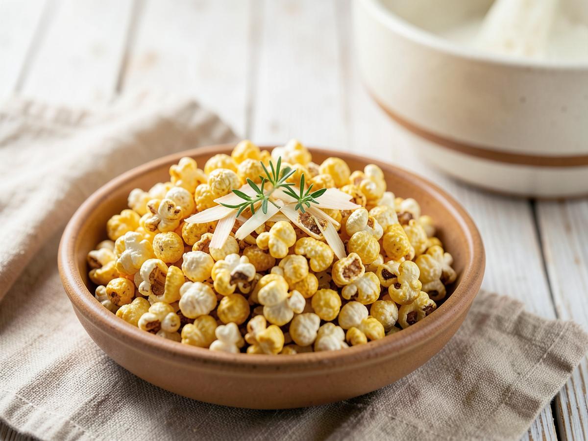 Tigela de pipoca com lascas de alho dourado e ervas