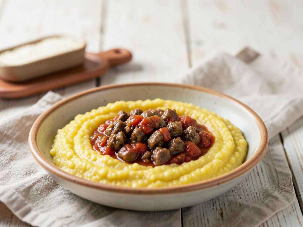 Prato fundo com polenta cremosa amarela e ragu de carne desfiada por cima