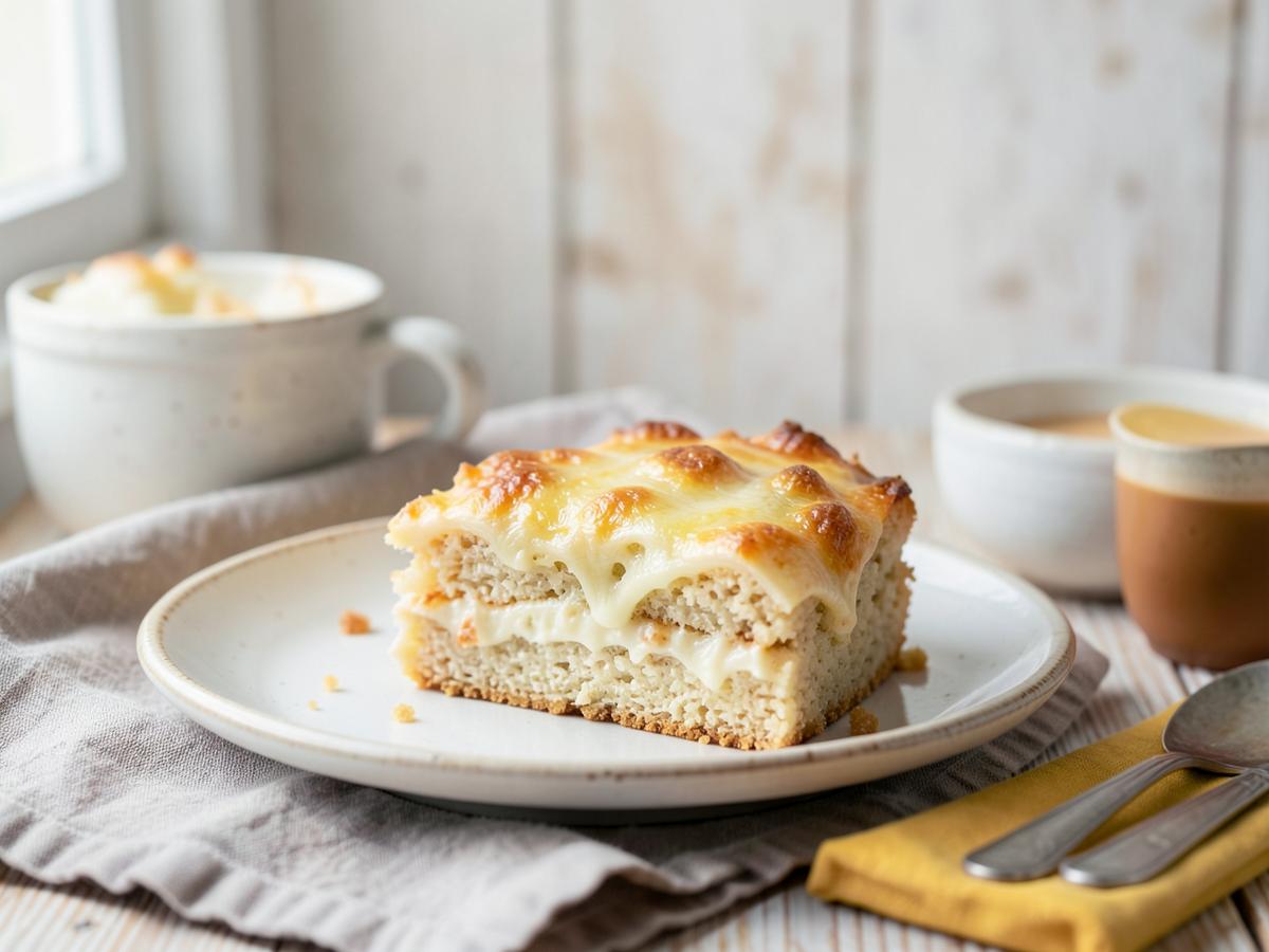 Fatia de torta de cuscuz com recheio cremoso de frango e queijo gratinado